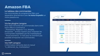 Amazon FBA
Le tableau des commandes
Les commandes du programme FBA vont
apparaître directement avec le statut Expédié sur
notre plateforme.
Via les plugins Lengow
Pour faire remonter les commandes dans votre
back-office e-commerce
- Prestashop, Magento 1 & 2, Shopify,
Shopware : activez l'option pour importer les
commandes expédiées par les marketplaces
- WooCommerce : il n'est pour le moment pas
possible d'importer ces commandes.
Via l’API Lengow
L'information remonte dans le nœud
“is_delivered_by_marketplace"
 
