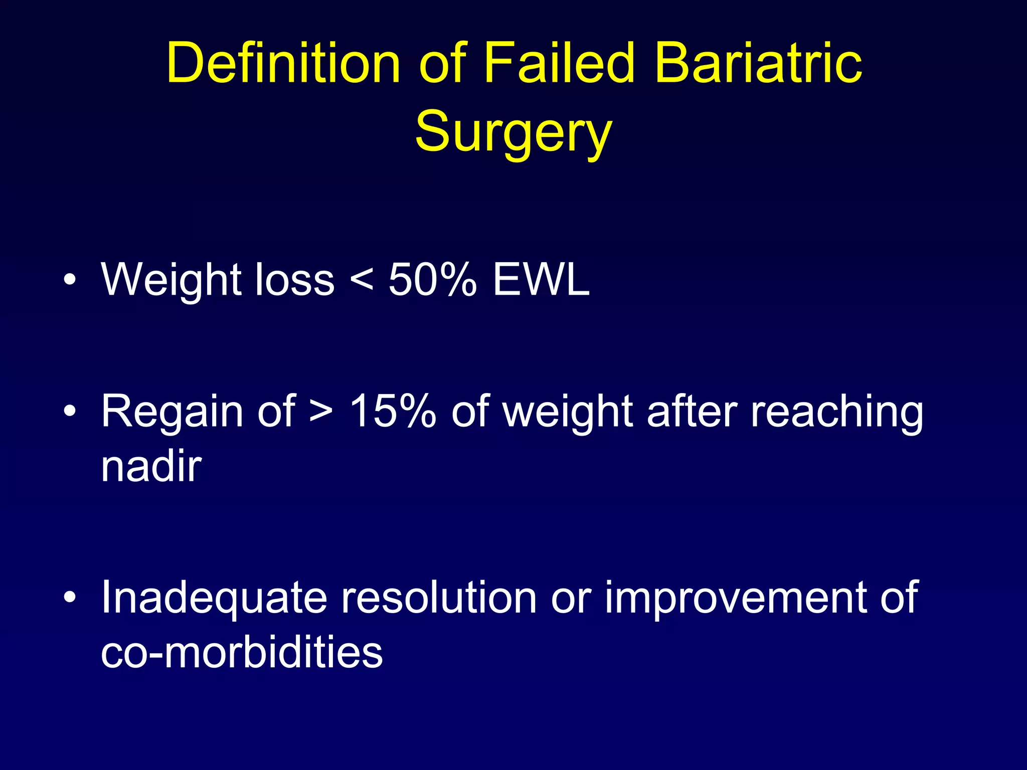 Definition of Failed Bariatric SurgeryWeight loss < 50% EWLRegain of > 15% of weight after reaching nadirInadequate resolution or improvement of co-morbidities