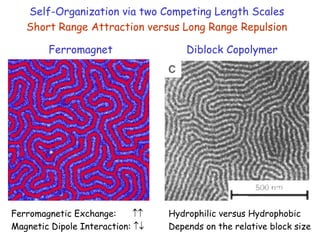 Self-Organization via two Competing Length Scales
Short Range Attraction versus Long Range Repulsion
Ferromagnetic Exchange: 
Magnetic Dipole Interaction: 
Ferromagnet Diblock Copolymer
Hydrophilic versus Hydrophobic
Depends on the relative block size
 