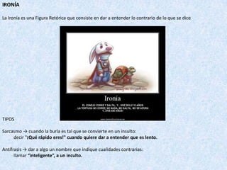 IRONÍA
La Ironía es una Figura Retórica que consiste en dar a entender lo contrario de lo que se dice
TIPOS
Sarcasmo → cuando la burla es tal que se convierte en un insulto:
decir "¡Qué rápido eres!" cuando quiere dar a entender que es lento.
Antífrasis → dar a algo un nombre que indique cualidades contrarias:
llamar “inteligente”, a un inculto.
 