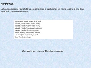 ANADIPLOSIS
La Anadiplosis es una Figura Retórica que consiste en la repetición de las misma palabras al final de un
verso y al comienzo del siguiente.
Oye, no tengas miedo y dile, dile que vuelva
 
