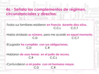 46.- Señala los complementos de régimen,
circunstanciales y directos:
-Todos sus familiares residieron en Francia durante diez años.
C.C.L C.C.T
-Había olvidado su número, pero me acordé en aquel momento.
C.D C.C.T
-El jugador ha cumplido con sus obligaciones.
C.D C.R
-Hablaron de esos temas en el patio de recreo.
C.R C.C.L
-Confundieron a mi padre con mi hermano mayor.
C.D C.R
 