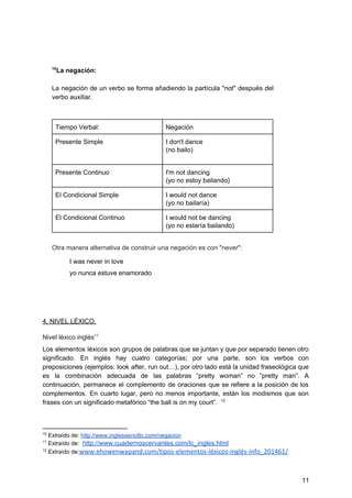  
La negación:  10
 
La negación de un verbo se forma añadiendo la partícula "not" después del                         
verbo auxiliar.  
 
 
Tiempo Verbal:   Negación  
Presente Simple   I don't dance 
(no bailo) 
 
Presente Continuo   I'm not dancing 
(yo no estoy bailando​) 
El Condicional Simple   I would not dance 
(yo no bailaría) 
El Condicional Continuo   I would not be dancing 
(yo no estaría bailando) 
 
Otra manera alternativa de construir una negación es con "never": 
I was never in love 
yo nunca estuve enamorado 
 
 
4. NIVEL LÉXICO.  
Nivel léxico inglés  11
Los elementos léxicos son grupos de palabras que se juntan y que por separado tienen otro                               
significado. En inglés hay cuatro categorías; por una parte, son los verbos con                         
preposiciones (ejemplos: look after, run out…), por otro lado está la unidad fraseológica que                           
es la combinación adecuada de las palabras “pretty woman” no ”pretty man”. A                         
continuación, permanece el complemento de oraciones que se refiere a la posición de los                           
complementos. En cuarto lugar, pero no menos importante, están los modismos que son                         
frases con un significado metafórico “the ball is on my court”.    12
 
 
10
 Extraído de: ​http://www.inglessencillo.com/negacion  
11
 Extraído de: ​ ​http://www.cuadernoscervantes.com/lc_ingles.html 
12
 Extraído de:​www.ehowenwapand.com/tipos­elementos­léxicos­inglés­info_201461/ 
   
 
11 
 