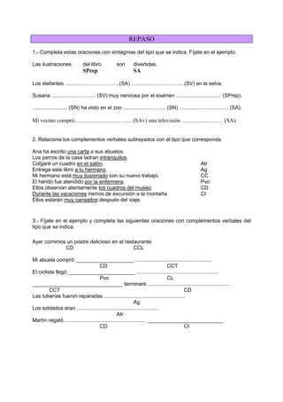 REPASO
1.- Completa estas oraciones con sintagmas del tipo que se indica. Fíjate en el ejemplo:
Las ilustraciones del libro son divertidas.
SPrep SA
Los elefantes ..................…….……....(SA) ................…….…….... (SV) en la selva.
Susana ...................…….... (SV) muy nerviosa por el examen ............................... (SPrep).
........................ (SN) ha visto en el zoo ..................…….... (SN) .............…….…......... (SA).
Mi vecino compró ..............................…..... (SAv) una televisión ................….…… (SA).
2. Relaciona los complementos verbales subrayados con el tipo que corresponda.
Ana ha escrito una carta a sus abuelos.
Los perros de la casa ladran intranquilos.
Colgaré un cuadro en el salón. Atr
Entrega este libro a tu hermano. Ag
Mi hermano está muy ilusionado con su nuevo trabajo. CC
El herido fue atendido por la enfermera. Pvo
Ellos observan atentamente los cuadros del museo. CD
Durante las vacaciones iremos de excursión a la montaña. CI
Ellos estarán muy cansados después del viaje.
3.- Fíjate en el ejemplo y completa las siguientes oraciones con complementos verbales del
tipo que se indica.
Ayer comimos un postre delicioso en el restaurante.
CD CCL
Mi abuela compró ____________________ .....................................................
CD CCT
El ciclista llegó _______________________ ........................................................
Pvo CL
_______________________________ terminaré ........................................................
CCT CD
Las tuberías fueron reparadas ........................................................
Ag
Los soldados eran ........................................................
Atr
Martín regaló ........................................................ __________________________
CD CI
 
