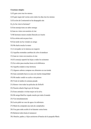 Oraciones simples
1) El gato corre tras los ratones
2) El gato negro del vecino corre todos los días tras los ratones
3) El avión de Continental no ha despegado aún
4) ¿Lo ha visto tu hermano?
5) Esta naranja tiene un sabor amargo
6) Juan no viene con nosotros al cine
7) Mi hermano menor estudia Derecho en Austin
8) Ese artista está un poco loco
9) Esta tarde me ha visitado un amigo
10) Me duele mucho la mano
11) A mi padre no le interesa ese negocio
12) Aquellas montañas cambian de color al atardecer
13) Juan no viene con nosotros al cine
14) El conserje repartió las hojas a todos los asistentes
15) Ese señor pasa muchas horas en la biblioteca
16) Aquella ciudad es muy hermosa
17) Algunos señores compran sus alimentos en esa tienda
18) Juan caminaba hacia su casa con mucha tranquilidad
19) Mi madre vendió su coche a mis primos
20) Visité al médico la semana pasada
21) Hemos visto todas las películas de Zefirelli
22) Nuestro abuelo llegó ayer de Europa
23) Estos animales vivirían mejor en la selva
24) Mi amigo Raúl ha viajado mucho por todo el mundo
25) Ven inmediatamente
26) Lucía pidió un vaso de agua a la enfermera
27) Marta ha comprado una tarta de cumpleaños
28) Una gran nube ocultó el sol durante varias horas
29) Bailaron todos hasta el amanecer
30) Abuelos, padres, e hijos asistieron al bautizo de la pequeña María
 