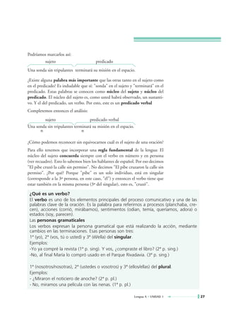 Podríamos marcarlos así:
          sujeto                       predicado
Una sonda sin tripulantes terminará su misión en el espacio.

¿Existe alguna palabra más importante que las otras tanto en el sujeto como
en el predicado? Es indudable que sí: "sonda" en el sujeto y "terminará" en el
predicado. Estas palabras se conocen como núcleo del sujeto y núcleo del
predicado. El núcleo del sujeto es, como usted habrá observado, un sustanti-
vo. Y el del predicado, un verbo. Por esto, este es un predicado verbal
Completemos entonces el análisis:
        sujeto                    predicado verbal
Una sonda sin tripulantes terminará su misión en el espacio.
      n                       n

¿Cómo podemos reconocer sin equivocarnos cuál es el sujeto de una oración?
Para ello tenemos que incorporar una regla fundamental de la lengua: El
núcleo del sujeto concuerda siempre con el verbo en número y en persona
(ver recuadro). Esto lo sabemos bien los hablantes de español. Por eso decimos
"El pibe cruzó la calle sin permiso". No decimos "El pibe cruzaron la calle sin
permiso". ¿Por qué? Porque "pibe" es un solo individuo, está en singular
(corresponde a la 3ª persona, en este caso, "él") y entonces el verbo tiene que
estar también en la misma persona (3ª del singular), esto es, "cruzó".

 ¿Qué es un verbo?
 El verbo es uno de los elementos principales del proceso comunicativo y una de las
 palabras clave de la oración. Es la palabra para referirnos a procesos (planchaba, cre-
 cen), acciones (corrió, mirábamos), sentimientos (odian, temía, queríamos, adora) o
 estados (soy, parecen).
 Las personas gramaticales
 Los verbos expresan la persona gramatical que está realizando la acción, mediante
 cambios en las terminaciones. Esas personas son tres:
 1ª (yo), 2ª (vos, tú o usted) y 3ª (él/ella) del singular.
 Ejemplos:
 -Yo ya compré la revista (1ª p. sing). Y vos, ¿compraste el libro? (2ª p. sing.)
 -No, al final María lo compró usado en el Parque Rivadavia. (3ª p. sing.)

 1ª (nosotros/nosotras), 2ª (ustedes o vosotros) y 3ª (ellos/ellas) del plural.
 Ejemplos:
 - ¿Miraron el noticiero de anoche? (2ª p. pl.)
 - No, miramos una película con las nenas. (1ª p. pl.)

                                                               Lengua A • UNIDAD 1         27
 