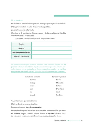 El sustantivo
En el subtítulo anterior hemos aprendido estrategias para ampliar el vocabulario.
Detengámonos ahora en una clase especial de palabras.
Lea este fragmento del artículo:

El perfume de la peperina, los dulces artesanales y los buenos alfajores de Córdoba
les dan otro sabor a las vacaciones.
       Agrupe las palabras subrayadas en el siguiente cuadro:


            Objetos

            Lugares

  Percepciones sensoriales

    Hechos o situaciones




Las palabras que designan personas, objetos o cosas, animales, lugares, etc. en
general, se llaman sustantivos. Aquellos que nombran personas, objetos, ani-
males, lugares, etc. en particular, se llaman sustantivos propios y se escriben
siempre con mayúscula inicial. Todos los demás son sustantivos comunes.

                       Sustantivos comunes                    Sustantivos propios
                              hombre                                Bruno
                              tortuga                               Manuelita
                              teatro                                Coliseo
                              calle                                 Díaz Vélez
                              río                                   Atuel
                              ciudad                                Córdoba


Así, en la oración que analizábamos:
El aire de las sierras oxigena el espíritu.
Los sustantivos son: aire, sierras, espíritu.
En este ejemplo algunos sustantivos están marcados; marque usted los que faltan:
En el centro del país, Córdoba abre un abanico de opciones con ríos, casca-
das y senderos para recorrer con la inseparable compañía de las sierras.

                                                                 Lengua A • UNIDAD 2   51
 