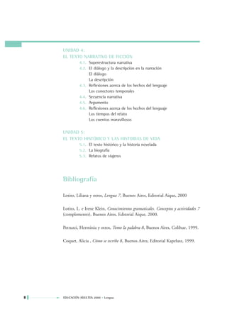 UNIDAD 4:
    EL TEXTO NARRATIVO DE FICCIÓN
             4.1. Superestructura narrativa
             4.2. El diálogo y la descripción en la narración
                  El diálogo
                  La descripción
             4.3. Reflexiones acerca de los hechos del lenguaje
                  Los conectores temporales
             4.4. Secuencia narrativa
             4.5. Argumento
             4.6. Reflexiones acerca de los hechos del lenguaje
                  Los tiempos del relato
                  Los cuentos maravillosos


    UNIDAD 5:
    EL TEXTO HISTÓRICO Y LAS HISTORIAS DE VIDA
             5.1. El texto histórico y la historia novelada
             5.2. La biografía
             5.3. Relatos de viajeros




    Bibliografía

    Lotito, Liliana y otros, Lengua 7, Buenos Aires, Editorial Aique, 2000

    Lotito, L. e Irene Klein, Conocimientos gramaticales. Conceptos y actividades 7
    (complemento), Buenos Aires, Editorial Aique, 2000.

    Petruzzi, Herminia y otros, Tomo la palabra 8, Buenos Aires, Colihue, 1999.

    Coquet, Alicia , Cómo se escribe 8, Buenos Aires, Editorial Kapelusz, 1999.




8   EDUCACIÓN ADULTOS 2000 • Lengua
 