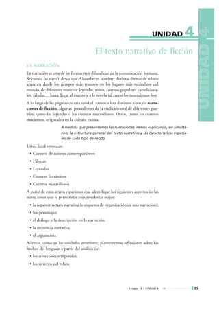 4




                                                                                                      UNIDAD 4
                                                                             UNIDAD

                                          El texto narrativo de ficción
LA NARRACIÓN
La narración es una de las formas más difundidas de la comunicación humana.
Se cuenta (se narra) desde que el hombre es hombre; distintas formas de relatos
aparecen desde los tiempos más remotos en los lugares más recónditos del
mundo, de diferentes maneras: leyendas, mitos, cuentos populares y tradiciona-
les, fábulas… hasta llegar al cuento y a la novela tal como los entendemos hoy.
A lo largo de las páginas de esta unidad vamos a leer distintos tipos de narra-
ciones de ficción, algunas procedentes de la tradición oral de diferentes pue-
blos, como las leyendas o los cuentos maravillosos. Otros, como los cuentos
modernos, originados en la cultura escrita.
                     A medida que presentemos las narraciones iremos explicando, en simultá-
                     neo, la estructura general del texto narrativo y las características especia-
                     les de cada tipo de relato.

Usted leerá entonces:
 • Cuentos de autores contemporáneos
 • Fábulas
 • Leyendas
 • Cuentos fantásticos
 • Cuentos maravillosos
A partir de estos textos esperamos que identifique los siguientes aspectos de las
narraciones que le permitirán comprenderlas mejor:
 • la superestructura narrativa (o esquema de organización de una narración);
 • los personajes;
 • el diálogo y la descripción en la narración;
 • la secuencia narrativa;
 • el argumento.
Además, como en las unidades anteriores, plantearemos reflexiones sobre los
hechos del lenguaje a partir del análisis de:
 • los conectores temporales;
 • los tiempos del relato.




                                                              Lengua A • UNIDAD 4                    95
 