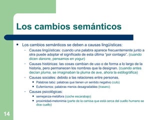 Los cambios semánticos Los cambios semánticos se deben a causas lingüísticas: Causas lingüísticas: cuando una palabra aparece frecuentemente junto a otra puede adoptar el significado de esta última “por contagio”.  (cuando dicen  danone , pensamos en yogur) Causas históricas: las cosas cambian de uso o de forma a lo largo de la historia, pero permanecen los nombres que la designan.  (cuando antes decían  pluma , se imaginaban la pluma de ave, ahora la estilográfica) Causas sociales: debido a las relaciones entre personas. Palabras tabú: palabras que tienen un sentido negativo  (culo) Eufemismos: palabras menos desagradables  (trasero) Causas psicológicas:  semejanza-metáfora  (coche escarabajo) proximidad-metonimia  (parte de la camisa que está cerca del cuello humano se dice cuello) 