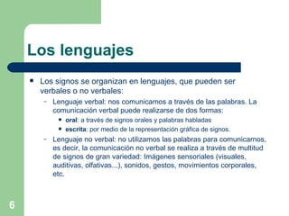 Los lenguajes Los signos se organizan en lenguajes, que pueden ser verbales o no verbales: Lenguaje verbal: nos comunicamos a través de las palabras. La comunicación verbal puede realizarse de dos formas:  oral : a través de signos orales y palabras habladas   escrita : por medio de la representación gráfica de signos. Lenguaje no verbal: no utilizamos las palabras para comunicarnos, es decir, la comunicación no verbal se realiza a través de multitud de signos de gran variedad: Imágenes sensoriales (visuales, auditivas, olfativas...), sonidos, gestos, movimientos corporales, etc. 
