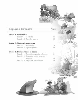 Unidad 4. Describamos
Lección 1: Te retrato 24
Lección 2: Describo lugares 26
Unidad 5. Sigamos instrucciones
Lección 1: Así lo hago 28
Lección 2: Sigo los pasos… 30
Unidad 6. Disfrutemos de la poesía
Lección 1: De músicos, poetas y locos... 31
Lección 2: De poetas todos tenemos
un poco 33
Lección 3: Juego con las palabras 35
Página
Segundo trimestre
 