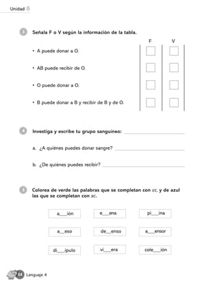 3 Señala F o V según la información de la tabla.
Investiga y escribe tu grupo sanguíneo:
4
• A puede donar a O.
• AB puede recibir de O.
• O puede donar a O.
• B puede donar a B y recibir de B y de O.
a. ¿A quiénes puedes donar sangre?
b. ¿De quiénes puedes recibir?
Colorea de verde las palabras que se completan con cc, y de azul
las que se completan con sc.
a___ión
de__enso
di___ípulo cole___ión
a__eso a___ensor
pi___ina
ví___era
e___ena
5
F V
Lenguaje 4
54
Unidad 8
 
