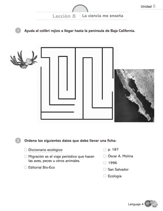 1
Lección 8 La ciencia me enseña
Ayuda al colibrí rojizo a llegar hasta la península de Baja California.
2 Ordena los siguientes datos que debe llevar una ficha:
Diccionario ecológico
Migración es el viaje periódico que hacen
las aves, peces u otros animales.
Editorial Bio-Eco
p. 187
Óscar A. Molina
1996
San Salvador
Ecología
57
Lenguaje 4
Unidad 8
 