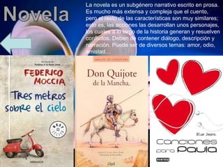 La novela es un subgénero narrativo escrito en prosa. Es mucho más extensa y compleja que el cuento, pero el resto de las características son muy similares; esto es, las acciones las desarrollan unos personajes, los cuales a lo largo de la historia generan y resuelven conflictos. Deben de contener diálogo, descripción y narración. Puede ser de diversos temas: amor, odio, amistad… 