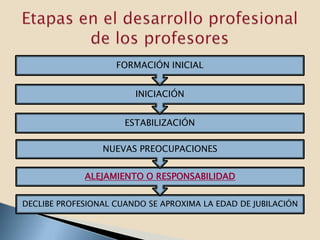 FORMACIÓN INICIAL


                        INICIACIÓN


                      ESTABILIZACIÓN

                 NUEVAS PREOCUPACIONES


             ALEJAMIENTO O RESPONSABILIDAD


DECLIBE PROFESIONAL CUANDO SE APROXIMA LA EDAD DE JUBILACIÓN
 