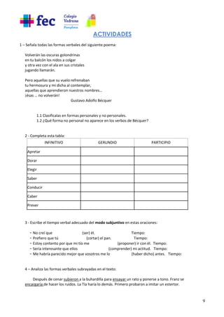 9
ACTIVIDADES
1 – Señala todas las formas verbales del siguiente poema:
Volverán las oscuras golondrinas
en tu balcón los nidos a colgar
y otra vez con el ala en sus cristales
jugando llamarán.
Pero aquellas que su vuelo refrenaban
tu hermosura y mi dicha al contemplar,
aquellas que aprendieron nuestros nombres…
¡ésas … no volverán!
Gustavo Adolfo Bécquer
1.1 Clasifícalas en formas personales y no personales.
1.2 ¿Qué forma no personal no aparece en los verbos de Bécquer?
2 - Completa esta tabla:
INFINITIVO GERUNDIO PARTICIPIO
Apretar
Dorar
Elegir
Saber
Conducir
Caber
Prever
3 - Escribe el tiempo verbal adecuado del modo subjuntivo en estas oraciones:
- No creí que (ser) él. Tiempo:
- Prefiero que tú (cortar) el pan. Tiempo:
- Estoy contento por que mi tío me .................. (proponer) ir con él. Tiempo:
- Sería interesante que ellos .................. (comprender) mi actitud. Tiempo:
- Me habría parecido mejor que vosotros me lo .................. (haber dicho) antes. Tiempo:
4 – Analiza las formas verbales subrayadas en el texto:
Después de cenar subieron a la buhardilla para ensayar un rato y ponerse a tono. Franz se
encargaría de hacer los ruidos. La Tía haría lo demás. Primero probaron a imitar un estertor.
 