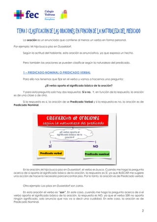 2
TEMA I: CLASIFICACIÓN DE LAS ORACIONES EN FUNCIÓN DE LA NATURALEZA DEL PREDICADO
La oración es un enunciado que contiene al menos un verbo en forma personal.
Por ejemplo: Mi hija busca piso en Dusseldorf.
Según la actitud del hablante, esta oración es enunciativa, ya que expresa un hecho.
Pero también las oraciones se pueden clasificar según la naturaleza del predicado.
1 – PREDICADO NOMINAL O PREDICADO VERBAL
Para ello nos tenemos que fijar en el verbo y vamos a hacernos una pregunta:
¿El verbo aporta el significado básico de la oración?
Y para esta pregunta solo hay dos respuestas: Sí o no. Y, en función de la respuesta, la oración
es de una clase o de otra.
Si la respuesta es sí, la oración de se Predicado Verbal y si la respuesta es no, la oración es de
Predicado Nominal.
En la oración: Mi hija busca piso en Dusseldorf, el verbo es busca. Cuando me hago la pregunta
acerca de si aporta el significado básico de la oración, la respuesta es SÍ, ya que BUSCAR me sugiere
una acción de hacer lo necesario para encontrar piso. Por lo tanto, la oración es de Predicado verbal.
Otro ejemplo: Los pisos en Dusseldorf son caros.
En esta oración el verbo es “son”. En este caso, cuando me hago la pregunta acerca de si el
verbo aporta el significado básico de la oración, la respuesta es NO, ya que el verbo SER no aporta
ningún significado, solo anuncia que nos va a decir una cualidad. En este caso, la oración es de
Predicado Nominal.
 