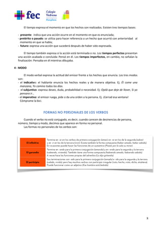8
El tiempo expresa el momento en que los hechos son realizados. Existen tres tiempos bases:
- presente: indica que una acción ocurre en el momento en que es enunciada;
- pretérito o pasado: se utiliza para hacer referencia a un hecho que ocurrió con anterioridad al
momento en que se habla;
- futuro: expresa una acción que sucederá después de haber sido expresada.
El tiempo también expresa si la acción está terminada o no. Los tiempos perfectos presentan
una acción acabada o concluida: Pensó en él. Los tiempos imperfectos, en cambio, no señalan la
finalización: Pensaba en él mientras dibujaba.
4 - MODO
El modo verbal expresa la actitud del emisor frente a los hechos que enuncia. Los tres modos
son:
- el indicativo: el hablante enuncia los hechos reales y de manera objetiva. Ej. Él come una
manzana, Yo camino todos los días.
- el subjuntivo: expresa deseo, duda, probabilidad o necesidad. Ej: Ojalá que deje de llover, Si yo
pensara ir…
- el imperativo: el emisor ruega, pide o da una orden a la persona. Ej. ¡Cerrad esa ventana!
Cómprame la bici.
FORMAS NO PERSONALES DE LOS VERBOS
Cuando el verbo no está conjugado, es decir, cuando carecen de desinencias de persona,
número, tiempo y modo, decimos que aparece en forma no personal.
Las formas no personales de los verbos son:
 