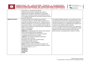Equipo de Lengua y Literatura:
Lic. Graciela Ruarte, Prof. Marta Flores y Prof. Noelia Romero Vega
“muy sabio”, es un atributo sólo de Dios.
Podemos aplicar distintas estrategias para inferir el
significado de las palabras: búsqueda en el diccionario,
deducir por el contexto, analizar de qué palabra deriva o si
es una palabra compuesta etc. Esta clase se centrará más en
el uso del diccionario.
Segundo momento En este momento se les propondrá que en grupos
construyan un glosario. Para ello deberán contar con la
ayuda del diccionario para determinar el significado de las
palabras que eligieron. En los casos que presenten más de
una entrada, acordar cuál es la acepción correcta según las
palabras que la rodean en el texto. Para ello es conveniente
releer esos fragmentos.
*Según su etimología:
Magnánimo: magn (grande) animo (animo, alma, espíritu).
El que tiene grandeza de alma, bondadoso.
si buscamos su significado en el diccionario aparece
*La palabra liberal tiene varias entradas
Liberal: que es tolerante y respeta las opiniones y
costumbres de los demás//
Que ayuda o da lo que tiene sin espera nada a
cambio//desprendido, generoso.
*En el caso de los verbos conjugados
Exaltó: reflexionar sobre cómo buscar los verbos en el
diccionario, siempre los encontrarán en infinitivo, es decir
con la terminación -ar, -er, -ir.
Bandoleros:
Comparecer:
Desatinado:
Errado:
Los estudiantes deben aprender a usar el diccionario como
una herramienta al servicio de la comprensión lectora. Para
ello deberán ejercitarse en el manejo del orden alfabético,
conocer las abreviaturas y el significado de las palabras que
se abrevian y los distintos tipos de entradas.
A veces, la entrada de diccionario incluye varios significados
de la misma palabra. Cada uno de esos significados se llama
acepción. Para reconocer la acepción correcta hay que
prestar atención a las palabras que la rodean en el texto.
 
