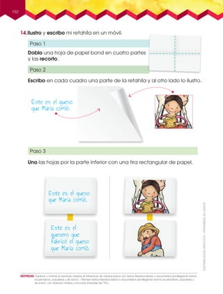152
14.Ilustro y escribo mi retahíla en un móvil.
Doblo una hoja de papel bond en cuatro partes
y las recorto.
Escribo en cada cuadro una parte de la retahila y al otro lado lo ilustro.
Uno las hojas por la parte inferior con una tira rectangular de papel.
Este es el queso
que María comió.
Este es el queso
que María comió.
Este es el
quesero que
fabricó el queso
que María comió.
Paso 1
Paso 2
Paso 3
DESTREZAS: Explorar y motivar la escritura creativa al interactuar de manera lúdica con textos literarios leídos o escuchados (privilegiando textos
ecuatorianos, populares y de autor). / Recrear textos literarios leídos o escuchados (privilegiando textos ecuatorianos, populares y
de autor), con diversos medios y recursos (incluidas las TIC).
 