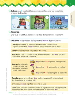 173
15.Coloco una X en el gráﬁco que representa cómo fue rescatado
el perro de Damián.
16.Respondo.
•฀ ¿Por qué el subtítulo de la noticia dice “Extraordinario rescate”?
DESTREZA: Ampliar la comprensión de un texto mediante la identificación de los significados de las palabras, utilizando las estrategias
de derivación (familia de palabras), sinonimia–antonimia, contextualización, prefijos y sufijos y etimología.
17.Encuentro el signiﬁcado de la palabra desuso. Sigo los pasos:
Leo la palabra en la oración de la lectura. El texto dice:
“El pozo estaba en desuso desde hace más de veinte años...”
Separo la palabra en sus partes: des + uso
Busco palabras conocidas que tengan la partícula des–. Ejemplo:
despeinar, despintar, desvestir,…
Concluyo que la partícula des– indica una acción contraria al
signiﬁcado de la palabra raíz.
Entonces, desuso signiﬁca “que no se usa”
Utilizo este proceso para encontrar el signiﬁcado de otras palabras
desconocidas, que están formadas con la partícula des–.
Busco el signiﬁcado
de esas palabras e
inﬁero el signiﬁcado
de esta partícula:
despintado que no tiene pintura
desvestido que no tiene vestido
despeinar desarreglar lo peinado
poSlEctuRa
 