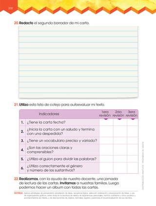 202
20.Redacto el segundo borrador de mi carta.
21.Utilizo esta lista de cotejo para autoevaluar mi texto.
22.Realizamos,con la ayuda de nuestro docente,una jornada
de lectura de las cartas.Invitamos a nuestras familias.Luego
podemos hacer un album con todas las cartas.
Indicadores
1era
revisión
2da
revisión
3era
revisión
1. ¿Tiene la carta fecha?
2.
¿Inicia la carta con un saludo y termina
con una despedida?
3. ¿Tiene un vocabulario preciso y variado?
4.
¿Son las oraciones claras y
comprensibles?
5. ¿Utilizo el guion para dividir las palabras?
6.
¿Utilizo correctamente el género
y número de los sustantivos?
DESTREZA: aplicar estrategias de pensamiento (ampliación de ideas, secuencia lógica, selección ordenación y jerarquización de ideas; y uso
de organizadores gráficos, entre otras) en la escritura de relatos de experiencias personales, hechos cotidianos u otros sucesos y
acontecimientos de interés, y de descripciones de objetos, animales, lugares y personas en la autoevaluación de sus escritos.
 