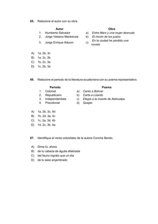 65. Relacione el autor con su obra.
Autor Obra
1. Humberto Salvador a) Entre Marx y una mujer desnuda
2. Jorge Velasco Mackenzie b) El rincón de los justos
3. Jorge Enrique Adoum c)
En la ciudad he perdido una
novela
A) 1a, 2b, 3c
B) 1a, 2c, 3b
C) 1b, 2c, 3a
D) 1c, 2b, 3a
66. Relacione el periodo de la literatura ecuatoriana con su poema representativo.
Periodo Poema
1. Colonial a) Canto a Bolívar
2. Republicano b) Carta a Lizardo
3. Independentista c) Elegía a la muerte de Atahualpa
4. Precolonial d) Quejas
A) 1a, 2b, 3c, 4d
B) 1b, 2d, 3a, 4c
C) 1c, 2a, 3d, 4b
D) 1d, 2c, 3b, 4a
67. Identifique el verso octosílabo de la autora Concha Benito.
A) Dime tú, ahora
B) de tu cabeza de águila afiebrada
C) del fauno ingrato que un día
D) de tu seso enjambrado
 