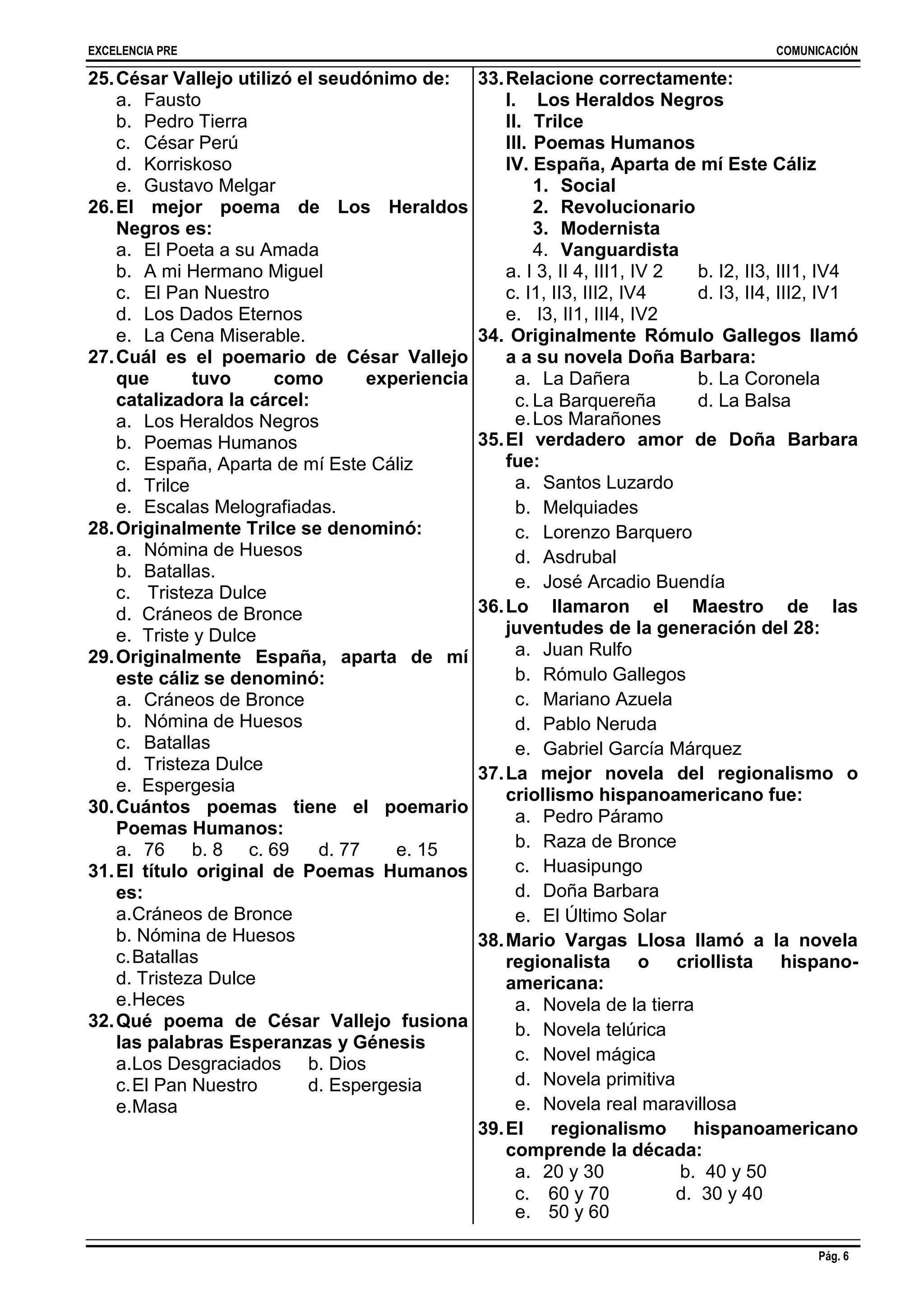 EXCELENCIA PRE COMUNICACIÓN
Pág. 6
25.César Vallejo utilizó el seudónimo de:
a. Fausto
b. Pedro Tierra
c. César Perú
d. Korriskoso
e. Gustavo Melgar
26.El mejor poema de Los Heraldos
Negros es:
a. El Poeta a su Amada
b. A mi Hermano Miguel
c. El Pan Nuestro
d. Los Dados Eternos
e. La Cena Miserable.
27.Cuál es el poemario de César Vallejo
que tuvo como experiencia
catalizadora la cárcel:
a. Los Heraldos Negros
b. Poemas Humanos
c. España, Aparta de mí Este Cáliz
d. Trilce
e. Escalas Melografiadas.
28.Originalmente Trilce se denominó:
a. Nómina de Huesos
b. Batallas.
c. Tristeza Dulce
d. Cráneos de Bronce
e. Triste y Dulce
29.Originalmente España, aparta de mí
este cáliz se denominó:
a. Cráneos de Bronce
b. Nómina de Huesos
c. Batallas
d. Tristeza Dulce
e. Espergesia
30.Cuántos poemas tiene el poemario
Poemas Humanos:
a. 76 b. 8 c. 69 d. 77 e. 15
31.El título original de Poemas Humanos
es:
a.Cráneos de Bronce
b. Nómina de Huesos
c.Batallas
d. Tristeza Dulce
e.Heces
32.Qué poema de César Vallejo fusiona
las palabras Esperanzas y Génesis
a.Los Desgraciados b. Dios
c.El Pan Nuestro d. Espergesia
e.Masa
33.Relacione correctamente:
I. Los Heraldos Negros
II. Trilce
III. Poemas Humanos
IV. España, Aparta de mí Este Cáliz
1. Social
2. Revolucionario
3. Modernista
4. Vanguardista
a. I 3, II 4, III1, IV 2 b. I2, II3, III1, IV4
c. I1, II3, III2, IV4 d. I3, II4, III2, IV1
e. I3, II1, III4, IV2
34. Originalmente Rómulo Gallegos llamó
a a su novela Doña Barbara:
a. La Dañera b. La Coronela
c. La Barquereña d. La Balsa
e.Los Marañones
35.El verdadero amor de Doña Barbara
fue:
a. Santos Luzardo
b. Melquiades
c. Lorenzo Barquero
d. Asdrubal
e. José Arcadio Buendía
36.Lo llamaron el Maestro de las
juventudes de la generación del 28:
a. Juan Rulfo
b. Rómulo Gallegos
c. Mariano Azuela
d. Pablo Neruda
e. Gabriel García Márquez
37.La mejor novela del regionalismo o
criollismo hispanoamericano fue:
a. Pedro Páramo
b. Raza de Bronce
c. Huasipungo
d. Doña Barbara
e. El Último Solar
38.Mario Vargas Llosa llamó a la novela
regionalista o criollista hispano-
americana:
a. Novela de la tierra
b. Novela telúrica
c. Novel mágica
d. Novela primitiva
e. Novela real maravillosa
39.El regionalismo hispanoamericano
comprende la década:
a. 20 y 30 b. 40 y 50
c. 60 y 70 d. 30 y 40
e. 50 y 60
 