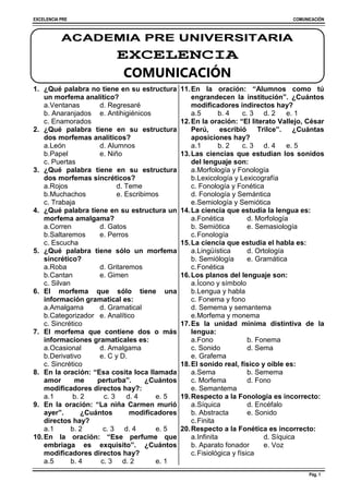 EXCELENCIA PRE COMUNICACIÓN
Pág. 1
ACADEMIA PRE UNIVERSITARIA
EXCELENCIA
COMUNICACIÓN
1. ¿Qué palabra no tiene en su estructura
un morfema analítico?
a.Ventanas d. Regresaré
b. Anaranjados e. Antihigiénicos
c. Enamorados
2. ¿Qué palabra tiene en su estructura
dos morfemas analíticos?
a.León d. Alumnos
b.Papel e. Niño
c. Puertas
3. ¿Qué palabra tiene en su estructura
dos morfemas sincréticos?
a.Rojos d. Teme
b.Muchachos e. Escribimos
c. Trabaja
4. ¿Qué palabra tiene en su estructura un
morfema amalgama?
a.Corren d. Gatos
b.Saltaremos e. Perros
c. Escucha
5. ¿Qué palabra tiene sólo un morfema
sincrético?
a.Roba d. Gritaremos
b.Cantan e. Gimen
c. Silvan
6. El morfema que sólo tiene una
información gramatical es:
a.Amalgama d. Gramatical
b.Categorizador e. Analítico
c. Sincrético
7. El morfema que contiene dos o más
informaciones gramaticales es:
a.Ocasional d. Amalgama
b.Derivativo e. C y D.
c. Sincrético
8. En la oración: “Esa cosita loca llamada
amor me perturba”. ¿Cuántos
modificadores directos hay?:
a.1 b. 2 c. 3 d. 4 e. 5
9. En la oración: “La niña Carmen murió
ayer”. ¿Cuántos modificadores
directos hay?
a.1 b. 2 c. 3 d. 4 e. 5
10.En la oración: “Ese perfume que
embriaga es exquisito”. ¿Cuántos
modificadores directos hay?
a.5 b. 4 c. 3 d. 2 e. 1
11.En la oración: “Alumnos como tú
engrandecen la institución”. ¿Cuántos
modificadores indirectos hay?
a.5 b. 4 c. 3 d. 2 e. 1
12.En la oración: “El literato Vallejo, César
Perú, escribió Trilce”. ¿Cuántas
aposiciones hay?
a.1 b. 2 c. 3 d. 4 e. 5
13.Las ciencias que estudian los sonidos
del lenguaje son:
a.Morfología y Fonología
b.Lexicología y Lexicografía
c. Fonología y Fonética
d. Fonología y Semántica
e.Semiología y Semiótica
14.La ciencia que estudia la lengua es:
a.Fonética d. Morfología
b. Semiótica e. Semasiología
c.Fonología
15.La ciencia que estudia el habla es:
a.Lingüística d. Ortología
b. Semiólogía e. Gramática
c.Fonética
16.Los planos del lenguaje son:
a.Ícono y símbolo
b.Lengua y habla
c. Fonema y fono
d. Semema y semantema
e.Morfema y monema
17.Es la unidad mínima distintiva de la
lengua:
a.Fono b. Fonema
c. Sonido d. Sema
e. Grafema
18.El sonido real, físico y oíble es:
a.Sema b. Semema
c. Morfema d. Fono
e. Semantema
19.Respecto a la Fonología es incorrecto:
a.Síquica d. Encéfalo
b. Abstracta e. Sonido
c.Finita
20.Respecto a la Fonética es incorrecto:
a.Infinita d. Síquica
b. Aparato fonador e. Voz
c.Fisiológica y física
 