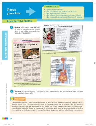 DISTRIBUCIÓNGRATUITA-PROHIBIDALAVENTA
10
Prelectura: La noticia
Pasos
para leer
• ¿Para qué vamos a leer?
• ¿Qué tipo de texto nos sirve para la lectura?
• ¿Qué sabemos sobre el tema?
• ¿Qué información esperamos encontrar en el texto?
• ¿Qué necesidad esperamos satisfacer con la lectura?
PRELECTURAElementosparatextuales
1 Observa estos textos y decide cuál
de ellos te proporciona una noticia
sobre lo que está aconteciendo con
la salud de la población.
2 Conversa con tus compañeros y compañeras sobre los elementos que acompañan al texto elegido y
que orientaron tu decisión.
Los elementos visuales y datos que acompañan a un texto escrito o paratextos permiten al lector o lecto-
ra hacer predicciones y formular hipótesis sobre su contenido, y anticipar si su lectura será útil; según el
propósito que tenga para leer. En el caso de una noticia escrita, los paratextos son: el título, el subtítulo,
el nombre de la sección donde se encuentra, el nombre del autor o de la fuente de donde se tomó la
información y las ilustraciones que lo acompañan (fotos, diagramas, gráficos estadísticos, mapas, etc.).
Para recordar
Pese a ello, la OMS
no va a modiﬁcar
por ahora su
evaluación de los
riesgos relacionados
con la enfermedad.
La Organización Mundial
de la Salud (OMS) no va a
modiﬁcar por ahora su eva-
luación de los riesgos rela-
cionados con la gripe aviar
a pesar de la aparición en
Hong Kong del primer caso
conﬁrmado de contagio en
siete años.
Así lo aseguró hoy el por-
tavoz de la institución, Gre-
grory Hartl, quien señaló
que “no ha habido transmi-
sión de persona a persona.
Nosotros no cambiamos
nuestra estimación de la
situación global”.
El portavoz, especiﬁcó,
además, que cada tanto se
detectan casos esporádicos
de contagio en distintos
países, y siempre por con-
tacto con aves.
Asimismo, agregó que no
se ha detectado un aumento
de casos en el 2010 respecto
al año anterior.
Hasta la fecha, se han de-
tectado 39 casos de gripe
aviar en el mundo en 2010,
20 de los cuales terminaron
en muerte.
La mayoría se dieron en
Egipto (22 casos con 9
muertos), Indonesia (8 ca-
sos y 7 decesos), Vietnam
(7 casos, dos pérdidas) y un
caso de infección y poste-
rior muerte tanto en China
como en Camboya.
El año pasado el virus
H5N1 afectó a 73 enfermos,
de los cuales 32 murieron;
en el 2008 lo contrajeron 44
personas, y 33 fallecieron.
En total, desde el 2003, la
gripe aviar ha afectado a
507 personas, 302 de las
cuales murieron.
Una mujer de Honk Kong
de 59 años se encuentra
enferma de gravedad tras
contagiarse con el virus de
la gripe aviar (H5N1), el
primero en siete años, y sin
que aún se sepa si el con-
tagio se produjo en Hong
Kong o en China.
Tras el positivo en las prue-
bas de gripe aviar, las autori-
dades de la urbe asiática han
elevado el nivel de alerta a
su nivel más alto, mientras
que la ciudadana hongkone-
sa se encuentra en cuidados
intensivos y aislada en un
hospital del territorio.
El nivel de alerta sanitaria
“grave” indica que hay un
riesgo de contraer gripe
aviar en la región.
Jueves 29 de abril de 2009
Información
nacional El Informador Año II, Nº 510
La gripe aviar regresa a
Hong Kong
FOTO: AFP
En Hong Kong se registró el primer caso conﬁrmado de contagio de la
gripe aviar, desde hace siete años.
Tomado de http://www.eltelegrafo.com.ec/mundo/noticia/
archive/mundo/2010/11/18/Un-caso-de-gripe-aviar-detec-
tado-en-Hong-Kong.aspx
Tomado de http://www.hoy.com.ec/noticias-ecuador/posibles-curas-para-el-sida-son-analizadas-420178.html
El pasado domingo, se
inició la Conferencia
Internacional sobre el VIH
(sida), en la que participan
más de 200 mil personas
entre investigadores,
expertos, miembros de
asociaciones, enfermos y
periodistas. La conferencia,
que terminará mañana,
busca nuevos tratamientos
que ayuden a combatir esta
enfermedad.
Entre ellos, constan los
estudios presentados por
la Sociedad Internacional
de Sida (IAS, por sus
siglas en inglés), los que
concluyeron que empezar
temprano el tratamiento
con antiretrovirales que
disminuyen los riesgos de la
enfermedad. Por otro lado,
el desarrollo de una vacuna
contra el VIH está cada vez
más cerca. El director de
la investigación para esta
vacuna, Peter Piot, aseguró
estar cerca de encontrar la
medicina que curará el mal.
Además, se descubrió
un gel vaginal microbicida
que reduce en 39% las
infecciones del sida en
mujeres al ser aplicado
12 horas antes y 12 horas
después del coito.
Por ultimo, representantes
latinos pidieron más
garantías en la lucha contra
el VIH en América Latina, en
donde los medicamentos son
insuﬁcientes. (EFE- AFP)
Posibles curas para el sida son analizadas
L10 B1 LIBRO.indd 10L10 B1 LIBRO.indd 10 23/02/11 22:3423/02/11 22:34
 