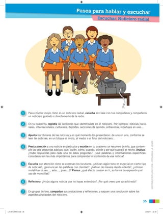 DISTRIBUCIÓNGRATUITA-PROHIBIDALAVENTA
3535
1 Para conocer mejor cómo es un noticiero radial, escucha en clase con tus compañeras y compañeros
un noticiero grabado o directamente de la radio.
3 Apunta los titulares de las noticias y en qué momento los presentaron: de uno en uno, conforme se
leen las noticias; en un bloque al inicio, al medio o al final del noticiero…
2 En tu cuaderno, registra las secciones que identificaste en el noticiero. Por ejemplo: noticias nacio-
nales, internacionales, culturales, deportes, secciones de opinión, entrevistas, reportajes en vivo…
5 Escucha con atención cómo se expresan los locutores: ¿utilizan algún tono en especial en cierto tipo
de noticias?, ¿pronuncian las palabras con claridad?, ¿hablan de manera rápida o lenta?, ¿utilizan
muletillas (o sea…, este…, pues…)? Piensa: ¿qué efecto causan en ti, su forma de expresión y el
uso de muletillas?
6 Reflexiona: ¿Hubo alguna noticia que no hayas entendido? ¿Por qué crees que sucedió esto?
7 En grupos de tres, compartan sus anotaciones y reflexiones, y saquen una conclusión sobre los
aspectos analizados del noticiero.
4 Presta atención a una noticia en particular y escribe en tu cuaderno un resumen de ella, que contem-
ple las seis preguntas básicas: qué, quién, cómo, cuando, dónde y por qué sucedió el hecho. Analiza:
¿Hubo respuestas para cada una de estas preguntas?, ¿Qué palabras o informaciones específicas
consideras son las más importantes para comprender el contenido de esa noticia?
Escuchar: Noticiero radial
Pasos para hablar y escuchar
L10 B1 LIBRO.indd 35L10 B1 LIBRO.indd 35 23/02/11 22:3423/02/11 22:34
 