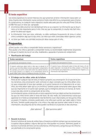 El texto expositivo 
Los textos expositivos no narran historias sino que presentan al lector información nueva sobre un 
tema. Cuanta más información nueva contiene el texto más difícil es su comprensión para el lector. 
En consecuencia, no cualquier texto expositivo resulta adecuado para los niños del Primer Ciclo de 
la EGB. Para que un texto sea apropiado: 
• el comienzo debe anunciar con claridad qué tema se va a exponer. La información que se da pri-mero 
es la más importante para el niño. Una vez que la comprendió, le resulta más fácil inter-pretar 
los datos que siguen. 
• la información tiene que estar ordenada: no debe cambiarse bruscamente de tema ni volver 
atrás a completar algo que se dijo antes. Las ideas que están conectadas deben aparecer juntas. 
• no tiene que haber una cantidad excesiva de ideas nuevas para el niño. 
Propuestas 
¿Cómo ayudar a los niños a comprender textos narrativos y expositivos? 
Para ayudar a los niños a aprender a comprender textos, es recomendable implementar situaciones 
en las que el maestro les lea en voz alta, modelando y apoyando el proceso de comprensión. 
• Planificación del trabajo 
Textos narrativos 
El maestro lee atentamente el texto. 
El maestro selecciona algún tema o idea que se aborde en el 
cuento y que los niños deban conocer para poder comprenderlo. 
Por ejemplo, si el cuento trata sobre cómo los cabritos derrota-ron 
al ogro gracias a su ingenio, en la conversación previa se 
puede hablar sobre cómo la inteligencia derrota a la fuerza. 
Textos expositivos 
El maestro lee atentamente el texto. 
El maestro busca información sobre el tema del texto a fin de 
poder responder a las dudas de los niños, ampliar y reformular 
la información que proporciona y orientarlos con respecto a la 
información más importante. 
EGB 1 • Lengua - Segunda serie Propuesta No 5 • 17 
• El trabajo con los niños: antes de la lectura 
Antes de leer cualquier tipo de texto, el maestro propone una conversación. En el caso de los tex-tos 
narrativos, esta conversación suele centrarse en algún concepto que los niños deban cono-cer 
para comprender el texto (por ejemplo, si el cuento transcurre en el laboratorio de un cien-tífico, 
los niños deben saber qué es un científico). También puede conversarse sobre alguna idea 
que sea importante en el cuento (por ejemplo, que la inteligencia derrota a la fuerza), de mane-ra 
que esta idea oriente la comprensión de los niños. 
La conversación previa a la lectura de un texto expositivo tiene por objeto activar los conocimien-tos 
que los niños tienen sobre el tema del texto. De este modo, los conocimientos nuevos que 
a p a rezcan en el texto se comprenderán más fácilmente si son relacionados con los que los niños 
ya poseen. El maestro, entonces, puede pedir a los niños que cuenten qué saben sobre el tema 
del texto. También puede preguntar a los niños si hay algo que quieran saber sobre el tema. La 
información y las preguntas de los niños pueden escribirse en el pizarrón en dos columnas: 
¿Qué sabemos? ¿Qué queremos saber? 
• Durante la lectura: 
Durante la lectura de textos de ambos tipos, el maestro se detiene siempre que sea necesario pa-ra 
explicar alguna palabra o alguna idea que los niños puedan no conocer. Asimismo, puede re-lacionar 
el contenido del texto con los comentarios, informaciones y preguntas que los niños ha-yan 
planteado en la conversación previa. 
 