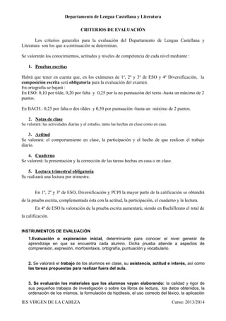 Departamento de Lengua Castellana y Literatura
CRITERIOS DE EVALUACIÓN
Los criterios generales para la evaluación del Departamento de Lengua Castellana y
Literatura son los que a continuación se determinan.
Se valorarán los conocimientos, actitudes y niveles de competencia de cada nivel mediante :
1. Pruebas escritas
Habrá que tener en cuenta que, en los exámenes de 1º, 2º y 3º de ESO y 4º Diversificación, la
composición escrita será obligatoria para la evaluación del examen.
En ortografía se bajará :
En ESO: 0,10 por tilde, 0,20 por falta y 0,25 por la no puntuación del texto -hasta un máximo de 2
puntos.
En BACH.: 0,25 por falta o dos tildes y 0,50 por puntuación -hasta un máximo de 2 puntos.
2. Notas de clase
Se valorará: las actividades diarias y el estudio, tanto las hechas en clase como en casa.

3. Actitud
Se valorará: el comportamiento en clase, la participación y el hecho de que realicen el trabajo
diario.
4. Cuaderno
Se valorará: la presentación y la corrección de las tareas hechas en casa o en clase.
5. Lectura trimestral obligatoria
Se realizará una lectura por trimestre.
En 1º, 2º y 3º de ESO, Diversificación y PCPI la mayor parte de la calificación se obtendrá
de la prueba escrita, complementada ésta con la actitud, la participación, el cuaderno y la lectura.
En 4º de ESO la valoración de la prueba escrita aumentará; siendo en Bachillerato el total de
la calificación.
INSTRUMENTOS DE EVALUACiÓN
1.Evaluación o exploración inicial, determinante para conocer el nivel general de
aprendizaje en que se encuentra cada alumno. Dicha prueba atiende a aspectos de
comprensión, expresión, morfosintaxis, ortografía, puntuación y vocabulario.
2. Se valorará el trabajo de los alumnos en clase, su asistencia, actitud e interés, así como
las tareas propuestas para realizar fuera del aula.
3. Se evaluarán los materiales que los alumnos vayan elaborando: la calidad y rigor de
sus pequeños trabajos de investigación o sobre los libros de lectura, los datos obtenidos, la
ordenación de los mismos, la formulación de hipótesis, el uso correcto del léxico, la aplicación

IES VIRGEN DE LA CABEZA

Curso: 2013/2014

 