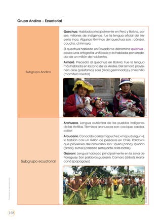 Grupo Andino – Ecuatorial
Subgrupo Andino
Quechua. Hablada principalmente en Perú y Bolivia, por
seis millones de indígenas, fue la lengua oficial del im-
perio inca. Algunos términos del quechua son : cóndor,
caucho, chirimoya.
El quechua hablado en Ecuador se denomina quichua ,
posee una ortografía unificada y es hablada por alrede-
dor de un millón de hablantes.
Aimará. Precedió al quechua en Bolivia. Fue la lengua
más hablada en la zona de los Andes. Del aimará provie-
nen: aine (préstamo), sora (maíz germinado) y chinchilla
(mamífero roedor)
Subgrupo ecuatorial
Arahuaco. Lengua autóctina de los pueblos indígenas
de las Antillas. Términos arahuacos son: cacique, caoba,
colibrí
Araucano. Conocido como mapuche ( «mapudungun»),
lo hablan casi un millón de personas en Chile. Palabras
que provienen del araucano son : quila (caña), quiaca
(árbol), zumel (calzado semejante a las botas)
Guaraní. Lengua hablada principalmente en la zona de
Paraguay. Son palabras guaranís. Camarú (árbol), mara-
caná (papagayo)
http://goo.gl/shbecBhttp://goo.gl/IfnmEl
Prohibidasureproducción
168
 