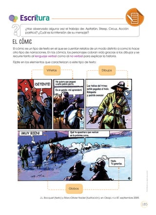 Escritura
El cómic
El cómic es un tipo de texto en el que se cuentan relatos de un modo distinto a como lo hace
otro tipo de narraciones. En los cómics, los personajes cobran vida gracias a los dibujos y se
recurre tanto al lenguaje verbal como al no verbal para explicar la historia.
Fíjate en los elementos que caracterizan a este tipo de texto:
Viñetas Dibujos
Globos
J.L. Bocquet (texto) y Marc-Olivier Nadel (ilustración), en Okapi, n.o 87, septiembre 2009.
COMPRENSIÓN DE TEXTO USO DE
PRODUCCIÓN DE TEXTOS REFLEXIÓN
LA LENGUA EN LA INTERACCIÓN
SOCIAL
COMU
VARIEDADES LINGUISTICAS C
LITERATURA EN CONTEXTO ES
¿Haz observado alguna vez el trabajo de: Apitatán, Steep, Circus, Acción
poética? ¿Cuál es la intensión de su mensaje?
Prohibidasureproducción
185
 