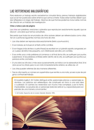 Las Referencias bibliográficas
Para elaborar un trabajo escrito necesitamos consultar libros, prensa, trabajos digitalizados
que ya se han publicado sobre el tema que vamos a tratar. Todas estas fuentes deben que-
dar reflejadas a lo largo del trabajo. Veamos de qué formas podemos incluir estas normas
de citación en un trabajo de investigación.
Citas y notas a pie de página
Las citas son palabras, oraciones o párrafos que reproducen exactamente aquello que se
dice en una obra que hemos consultado.
Recuerda que todos los enunciados de otros autores deben ser referenciados como citas.
Ten en cuenta las siguientes normas a la hora de citar.
•	 Las citas deben ser reproducidas exactamente (texto y puntuación).
•	 Si son breves, se incluye en el texto entre comillas.
•	 Si son largas (más de tres o cuatro líneas) se escriben en un párrafo aparte, sangradas, en
un cuerpo de letra más pequeño, con interlineado sencillo y sin comillas.
•	 Si se omite una o más palabras al comienzo o al final de la cita, se sustituyen por puntos
suspensivos. Si las palabras omitidas están dentro de la cita, se sustituyen por puntos sus-
pensivos entre corchetes.
•	 Si una obra se cita dos o más vece sucesivamente, se indica con la abreviatura íbid. Si la
obra ya se ha citado pero no en nota inmediatamente anterior, se utiliza óp. cit.
•	 Las citas pueden referirse de dos maneras diferentes.
•	 Tras la cita inserta un número en superíndice que remite a una nota, ya sea a pie de pá-
gina o al final del trabajo.
El novelista inglés E. M. Forster distinguía entre «personajes planos» y «personajes re-
dondos». Los «planos» son estereotipos: «Se construyen en torno a una sola idea
o cualidad». En cambio los «redondos» son mucho más complejos, y por lo tanto,
imprevisibles: «La prueba de un personaje redondo está en su capacidad para sor-
prender de una manera convincente».1
1
. E. M Forster: Aspectos de la novela. Debate. Madrid. 1995.
http://goo.gl/3oA0If
Prohibidasureproducción
130
 