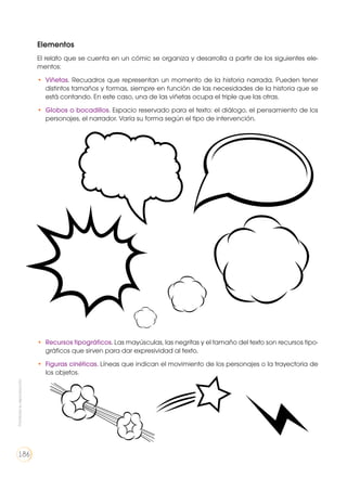 Elementos
El relato que se cuenta en un cómic se organiza y desarrolla a partir de los siguientes ele-
mentos:
•	 Viñetas. Recuadros que representan un momento de la historia narrada. Pueden tener
distintos tamaños y formas, siempre en función de las necesidades de la historia que se
está contando. En este caso, una de las viñetas ocupa el triple que las otras.
•	 Globos o bocadillos. Espacio reservado para el texto: el diálogo, el pensamiento de los
personajes, el narrador. Varía su forma según el tipo de intervención.
•	 Recursos tipográficos. Las mayúsculas, las negritas y el tamaño del texto son recursos tipo-
gráficos que sirven para dar expresividad al texto.
•	 Figuras cinéticas. Líneas que indican el movimiento de los personajes o la trayectoria de
los objetos.
Prohibidasureproducción
186
 
