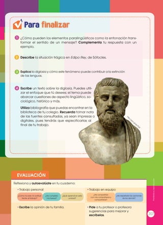 EVALUACIÓN
•	Escribe la opinión de tu familia. •	Pide a tu profesor o profesora
sugerencias para mejorar y
escríbelas.
•	Trabajo personal
Reflexiona y autoevalúate en tu cuaderno:
•	Trabajo en equipo
¿Cómo ha sido mi actitud
frente al trabajo?
¿He compartido
con mis compañeros y
compañeras?
¿He cumplido
mis tareas?
¿He respetado las opiniones
de los demás?
¿Qué aprendí en esta
unidad?
Prohibidasureproducción
207
Para finalizar
1
4
¿Cómo pueden los elementos paralingüísticos como la entonación trans-
formar el sentido de un mensaje? Complementa tu respuesta con un
ejemplo.
Describe la situación trágica en Edipo Rey, de Sófocles.
Explica la diglosia y cómo este fenómeno puede contribuir a la extinción
de las lenguas.
Escribe un texto sobre la diglosia. Puedes utili-
zar el enfoque que tú desees; el tema puede
abarcar cuestiones de aspecto lingüístico, so-
ciológico, histórico y más.
Utiliza bibliografía que puedas encontrar en la
biblioteca de tu colegio. Recuerda tomar nota
de las fuentes consultadas, ya sean impresas o
digitales, pues tendrás que especificarlas al
final de tu trabajo.
3
2
http://goo.gl/ga7ZyS
 