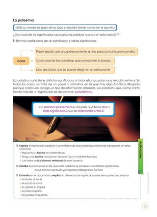 La polisemia
¿Con cuál de los significados asociarías la palabra «carta» en esta oración?
El término carta costa de un significado y varios significados
La palabra carta tiene distintos significados y todos ellos guardan una relación entre sí. En
todos los casos, se trata de un papel o cartulina, en la que hay algo escrito o dibujado,
aunque cada uno recoge un tipo de información diferente. Las palabras, que, como carta,
tienen más de un significado se denominan polisémicas.
«Sólo su madre se puso de su lado y decidió tomar cartas en el asunto.»
Una palabra polisémica es aquella que tiene dos o
más significados que se relacionan entre sí.
15. Explica el significado subjetivo o connotativo de elas palabras polisémicas subrayadas en estas
oraciones.
• Miguel es un hacha en matemáticas.
• Tengo una espina clavada en el pecho por no haberte llamado.
• Luis Felipe es la columna vertebral de este proyecto.
16. Escribe dos oraciones en las que estas palabras se empleen con distintos significados.
		 copa- tronco-hoja-busto-yema-patrón-falda-banco-cometa
17. Consulta en el diccionario y explica la diferencia de significado entre estos pares de palabras.
• el frente/ la frente		
• el vocal/ la vocal
• el capital/ la capital
• el parte/ la parte
• el guardia/ la guardia
Actividades
Carta
Papel escrito que una persona envía a otra para comunicarse con ella.
Cada una de las cartulinas que componen la baraja.
Lista de platos que se puede elegir en un restaurante
http://goo.gl/Mo617C
Prohibidasureproducción
23
 