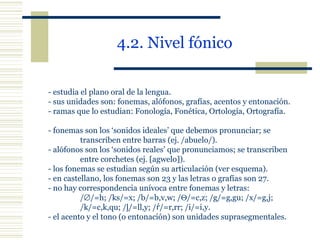 4.2. Nivel fónico   - estudia el plano oral de la lengua. - sus unidades son: fonemas, alófonos, grafías, acentos y entonación. - ramas que lo estudian: Fonología, Fonética, Ortología, Ortografía. - fonemas son los ‘sonidos ideales’ que debemos pronunciar; se  transcriben entre barras (ej. /abuelo/). - alófonos son los ‘sonidos reales’ que pronunciamos; se transcriben  entre corchetes (ej. [agwelo]). - los fonemas se estudian según su articulación (ver esquema). - en castellano, los fonemas son 23 y las letras o grafías son 27. - no hay correspondencia unívoca entre fonemas y letras:  /  /=h; /ks/=x; /b/=b,v,w; /  /=c,z; /g/=g,gu; /x/=g,j;  /k/=c,k,qu; / ļ /=ll,y; / ŕ /=r,rr; /i/=i,y. - el acento y el tono (o entonación) son unidades suprasegmentales. 
