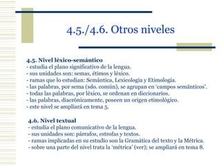 4.5./4.6. Otros niveles   4.5. Nivel léxico-semántico - estudia el plano significativo de la lengua. - sus unidades son: semas, étimos y léxico. - ramas que lo estudian: Semántica, Lexicología y Etimología. - las palabras, por sema (sdo. común), se agrupan en ‘campos semánticos’. - todas las palabras, por léxico, se ordenan en diccionarios. - las palabras, diacrónicamente, poseen un origen etimológico. - este nivel se ampliará en tema 5. 4.6. Nivel textual - estudia el plano comunicativo de la lengua. - sus unidades son: párrafos, estrofas y textos. - ramas implicadas en su estudio son la Gramática del texto y la Métrica. - sobre una parte del nivel trata la ‘métrica’ (ver); se ampliará en tema 8. 