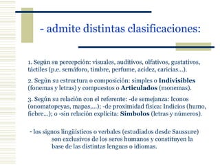 - admite distintas clasificaciones:   1. Según su percepción: visuales, auditivos, olfativos, gustativos, táctiles (p.e. semáforo, timbre, perfume, acidez, caricias...). 2. Según su estructura o composición: simples o  Indivisibles  (fonemas y letras) y compuestos o  Articulados  (monemas). 3. Según su relación con el referente: -de semejanza: Iconos (onomatopeyas, mapas,...); -de proximidad física: Indicios (humo, fiebre...); o -sin relación explícita:  Símbolos  (letras y números) . los signos lingüísticos o verbales (estudiados desde Saussure)  son exclusivos de los seres humanos y constituyen la  base de las distintas lenguas o idiomas. 