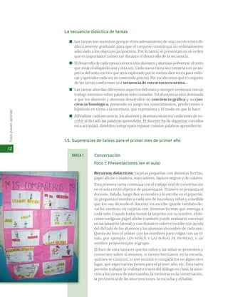 Todos pueden aprender 
12 
La secuencia didáctica de tareas 
Las tareas son sucesivas porque el encadenamiento de una con otra está di-dácticamente 
graduado para que el conjunto constituya un ordenamiento 
adecuado a los objetivos propuestos. Por lo tanto, se presentan en un orden 
que es importante conservar durante el desarrollo de la secuencia. 
El desarrollo de cada tarea convoca a los alumnos y alumnas a observar el texto 
que están trabajando una y otra vez. Cada nueva tarea los contacta con un as-pecto 
del texto escrito que será explorado por lo menos diez veces para enfo-car 
y aprender cada vez un contenido preciso. Por eso decimos que el conjunto 
de las tareas conforman una secuencia de estructura recursiva. 
Las tareas abordan diferentes aspectos del texto y siempre terminan con un 
trabajo intensivo sobre palabras seleccionadas. Esta instancia está destinada 
a que los alumnos y alumnas desarrollen su conciencia gráfica y su con-ciencia 
fonológica, poniendo en juego sus conocimientos, predicciones e 
hipótesis en torno a la escritura, qué representa y el modo en que lo hace. 
Al finalizar cada secuencia, los alumnos y alumnas están en condiciones de es-cribir 
al dictado las palabras aprendidas. El docente ha de organizar con ellos 
esta actividad, dándoles tiempo para repasar cuántas palabras aprendieron. 
1.5. Sugerencias de tareas para el primer mes de primer año 
Conversación 
Foco 1: Presentaciones (en el aula) 
Recursos didácticos: tarjetas pequeñas con distintas formas, 
papel afiche o madera, marcadores, lápices negros y de colores. 
Esta primera tarea comienza con el trabajo oral de conversación 
en el aula con el objetivo de presentarse. Primero se presenta el 
docente. Saluda, luego dice su nombre y lo escribe en el pizarrón. 
Le pregunta el nombre a cada uno de los niños y niñas y a medida 
que los van diciendo el docente los escribe (puede también lle-varlos 
escritos) en tarjetas con distintas formas que entrega a 
cada niño. Cuando todos tienen la tarjetita con su nombre, el do-cente 
cuelga un papel afiche (también puede realizarse con tizas 
en un pizarrón lateral) y con distintos colores escribe con ayuda 
del dictado de los alumnos y las alumnas el nombre de cada uno. 
Queda así listo el póster con los nombres para colgar con un tí-tulo, 
por ejemplo: LOS NIÑOS Y LAS NIÑAS DE PRIMERO, o un 
nombre propuesto por el grupo. 
El foco de esta tarea es que los niños y las niñas se presenten y 
conversen sobre sí mismos, si tienen hermanos en la escuela, 
quiénes se conocen, si son vecinos o compañeros en algún otro 
lugar, qué expectativas tienen para el primer año, etc. Esta tarea 
permite trabajar la oralidad a través del diálogo en clase, la aten-ción 
a los turnos de intercambio, la memoria en la conversación, 
la pertinencia de las intervenciones, la escucha y el habla. 
TAREA 1 
 