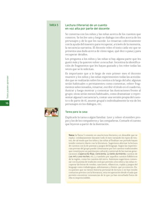 TAREA 5 
Todos pueden aprender 
16 
Lectura (literaria) de un cuento 
en voz alta por parte del docente 
Se conversa con los niños y las niñas acerca de los cuentos que 
conocen. Se les lee uno y luego se dialoga con ellos acerca de los 
personajes y de lo que les sucede. Lo renarran colectivamente 
con la ayuda del maestro para recuperar, a través de la memoria, 
la secuencia narrativa. El docente relee el texto cada vez que se 
presenta una duda acerca de cómo sigue, qué dice o pasa y para 
recuperar detalles. 
Les pregunta a los niños y las niñas si hay alguna parte que les 
gustó más y la quieren volver a escuchar. Incentiva la identifica-ción 
de fragmentos que les hayan gustado y los relee todas las 
veces que se lo solicitan. 
Es importante que a lo largo de este primer mes el docente 
muestre y los niños y las niñas experimenten todas las activida-des 
que se realizarán sobre los cuentos a lo largo del año; algunas 
serán habituales o permanentes como comentar, releer frag-mentos 
seleccionados, renarrar, escribir el título en el cuaderno, 
ilustrar y luego mostrar y comentar las ilustraciones frente al 
grupo; otras serán menos habituales, como dramatizar o repre-sentar 
alguna/s secuencia/s, contar una versión propia del cuen-to 
o de parte de él, asumir grupal o individualmente la voz de los 
personajes en los diálogos, etc. 
Tarea para la casa 
Explicarle la tarea a algún familiar. Leer y releer el nombre pro-pio 
y los de los compañeros y las compañeras. Contarle el cuento 
que leyeron a partir de la ilustración. 
Nota: la Tarea 5 consiste en una lectura literaria y es deseable que se 
repita cotidianamente durante todo el mes variando los tipos de tex-tos, 
de tal modo que los niños y las niñas al finalizar ese período hayan 
tenido contacto diario con la literatura. Sugerimos alternar la lectura 
de cuentos con la de poemas y juegos del lenguaje. Según las experien-cias 
previas del grupo puede comenzarse por los cuentos tradicionales 
que constituyen un patrimonio cultural y universal de las nuevas gene-raciones 
(Caperucita Roja, Cenicienta, La bella durmiente, cuentos de 
Las mil y una noches, etc.) y también por aquellos cuentos folklóricos 
de la región, como los cuentos del zorro. Asimismo sugerimos comen-zar 
con la poesía de tradición oral que permite a los niños y las niñas re-cuperar 
las letras de rondas, canciones, villancicos, coplas y juegos del 
lenguaje como trabalenguas, adivinanzas y chistes. que ya conocen. Pa-ra 
quienes que no tienen historia personal de lectura o no han tenido 
contactos previos con la literatura, esta recuperación desde el aula que 
permite encontrar resonancias de lo que ya han escuchado fuera de 
ella es imprescindible. 
 
