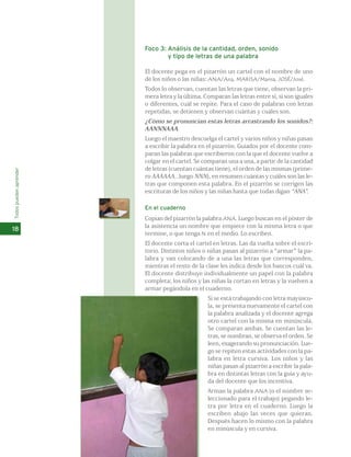 Foco 3: Análisis de la cantidad, orden, sonido 
y tipo de letras de una palabra 
El docente pega en el pizarrón un cartel con el nombre de uno 
de los niños o las niñas: ANA/Ana, MARISA/Marisa, JOSÉ/José. 
Todos lo observan, cuentan las letras que tiene, observan la pri-mera 
letra y la última. Comparan las letras entre sí, si son iguales 
o diferentes, cuál se repite. Para el caso de palabras con letras 
repetidas, se detienen y observan cuántas y cuáles son. 
¿Cómo se pronuncian estas letras arrastrando los sonidos?: 
AANNNAAA. 
Luego el maestro descuelga el cartel y varios niños y niñas pasan 
a escribir la palabra en el pizarrón. Guiados por el docente com-paran 
las palabras que escribieron con la que el docente vuelve a 
colgar en el cartel. Se comparan una a una, a partir de la cantidad 
de letras (cuentan cuántas tiene), el orden de las mismas (prime-ro 
AAAAAA...luego NNN), en resumen cuántas y cuáles son las le-tras 
que componen esta palabra. En el pizarrón se corrigen las 
escrituras de los niños y las niñas hasta que todas digan “ANA”. 
En el cuaderno 
Copian del pizarrón la palabra ANA. Luego buscan en el póster de 
la asistencia un nombre que empiece con la misma letra o que 
termine, o que tenga N en el medio. Lo escriben. 
El docente corta el cartel en letras. Las da vuelta sobre el escri-torio. 
Distintos niños o niñas pasan al pizarrón a “armar” la pa-labra 
y van colocando de a una las letras que corresponden, 
mientras el resto de la clase les indica desde los bancos cuál va. 
El docente distribuye individualmente un papel con la palabra 
completa; los niños y las niñas la cortan en letras y la vuelven a 
armar pegándola en el cuaderno. 
Si se está trabajando con letra mayúscu-la, 
se presenta nuevamente el cartel con 
la palabra analizada y el docente agrega 
otro cartel con la misma en minúscula. 
Se comparan ambas. Se cuentan las le-tras, 
se nombran, se observa el orden. Se 
leen, exagerando su pronunciación. Lue-go 
se repiten estas actividades con la pa-labra 
en letra cursiva. Los niños y las 
niñas pasan al pizarrón a escribir la pala-bra 
en distintas letras con la guía y ayu-da 
del docente que los incentiva. 
Arman la palabra ANA (o el nombre se-leccionado 
para el trabajo) pegando le-tra 
por letra en el cuaderno. Luego la 
escriben abajo las veces que quieran. 
Después hacen lo mismo con la palabra 
en minúscula y en cursiva. 
Todos pueden aprender 
18 
 