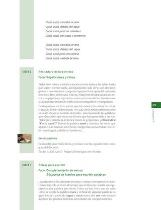 29 
Lengua en 1º 
Cucú, cucú, cantaba la rana 
Cucú, cucú, debajo del agua 
Cucú, cucú pasó un caballero 
Cucú, cucú, con capa y sombrero 
Cucú, cucú, cantaba la rana 
Cucú, cucú, debajo del agua 
Cucú, cucú pasó una gitana 
Cucú, cucú, vestida de lana 
Recitado y lectura en eco 
Foco: Repeticiones y rimas 
El docente relee y canta la canción con los niños y las niñas hasta 
que logren memorizarla, acompañando cada verso con distintos 
gestos o movimientos. Luego se reparten fotocopias del texto o lo 
leen en el libro de lectura. A la vez, el docente tendrá la canción es-crita 
en papel o en el pizarrón como ya hemos dicho. Los alumnos 
y las alumnas tratan de leerlo con su compañero o compañera. 
Destaquemos en este punto que los niños y las niñas no están 
tratando de leer deletreando -lo cual, como todos sabemos pone 
en serio riesgo el sentido del texto- sino buscando las palabras 
que ellos saben que están en el texto que han aprendido a recitar. 
El docente orienta la lectura a través de preguntas: ¿Dónde dice 
“Cucú, cucú”? Buscan la palabra cucú y cuentan las veces que 
aparece. Las marcan en el texto. Luego marcan las rimas con co-lor: 
rana/agua, caballero/sombrero... 
En el cuaderno 
Copian del pizarrón la fecha y revisan si se ha copiado bien con la 
guía del docente. 
Título: CUCÚ, CUCÚ. Pegan la fotocopia con el texto. 
Releer para escribir 
Foco: Completamiento de versos 
Búsqueda de fuentes para escribir palabras 
Los alumnos y las alumnas recitan o cantan nuevamente la can-ción 
releyendo el texto al tiempo que el docente señala en el pi-zarrón 
cada palabra que dicen. Como ya han visto que en cada 
verso se repite la palabra cucú y el final de algunas palabras es 
igual (-ero) o parecido (agua y rana tienen dos aes cada una) el 
docente les plantea distintas actividades de completamiento. 
TAREA 2 
TAREA 3 
 