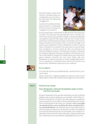 Para ello reparte copias de la 
canción con blancos para ser 
completados por los niños y 
las niñas (Ver 2.4. Recursos, 
en página 57 ). 
Los alumnos y alumnas traba-jarán 
en pares y consultando 
el texto escrito en el pizarrón 
o pegado en el cuaderno. 
Es muy importante comprender la dificultad de esta tarea para 
un niño o una niña que está aprendiendo a leer y escribir: pri-mero 
tiene que leer para localizar el lugar en el que está faltando 
una palabra o parte de ella, luego tiene que leer el texto fuente 
para buscar la información necesaria, encontrarla y reconocerla, 
luego retenerla en la memoria, volver a encontrar el lugar en el 
que hay que completar el texto y finalmente escribir lo que ha 
leído y retenido en su memoria. En unos casos se trata de pala-bras 
completas y en otros, partes de ellas. Los alumnos y las 
alumnas trabajan en pares y a medida que terminan, el docente 
les entrega el siguiente texto para completar. Esto permite aten-der 
la diversidad de tiempos de trabajo puesto que mientras al-gunos 
alumnos resuelven los tres, otros harán sólo uno. 
Finalmente se realiza una puesta en común completando los tex-tos 
en el pizarrón y revisando lo que cada uno ha escrito en su 
propio texto. Finalmente cada uno va a su cuaderno. 
En el cuaderno 
Si se trata de la primera actividad del día, copian la fecha y revi-san 
la copia. 
Título: COMPLETO. Pegan los papeles que tienen el texto con los 
blancos llenos. El docente revisa la tarea y sugiere las correcciones. 
Escritura con ayuda 
Foco: Búsqueda y selección de palabras según su final 
Escritura con ayuda 
En pares repasan las rimas que han subrayado con color y piensan 
palabras que terminen igual que, por ejemplo: CABALLERO, PA-NADERO, 
MARINERO. Los niños y las niñas aportan sus palabras, 
pasan al pizarrón y las escriben. Con la ayuda del docente compo-nen 
la continuación de las rimas; por ejemplo: Cucú, cucú pasó 
un marinero/Cucú, cucú, con botas de cuero, con patas de te-ro, 
con mucho dinero... Recordemos que es muy importante en 
esta tarea que los alumnos y las alumnas escriban sus palabras 
en el pizarrón del modo que las van pensando y que reciban la co-laboración 
del resto de los niños y las niñas, y la guía del docente 
que cuidará que la escritura final de cada palabra sea correcta. 
Todos pueden aprender 
30 
TAREA 4 
 