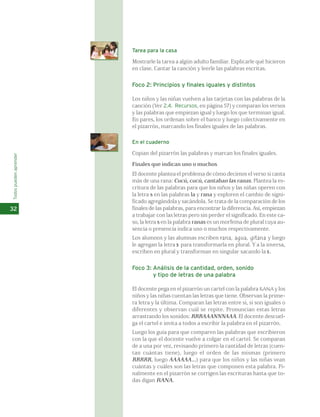 Tarea para la casa 
Mostrarle la tarea a algún adulto familiar. Explicarle qué hicieron 
en clase. Cantar la canción y leerle las palabras escritas. 
Foco 2: Principios y finales iguales y distintos 
Los niños y las niñas vuelven a las tarjetas con las palabras de la 
canción (Ver 2.4. Recursos, en página 57) y comparan los versos 
y las palabras que empiezan igual y luego los que terminan igual. 
En pares, los ordenan sobre el banco y luego colectivamente en 
el pizarrón, marcando los finales iguales de las palabras. 
En el cuaderno 
Copian del pizarrón las palabras y marcan los finales iguales. 
Finales que indican uno o muchos 
El docente plantea el problema de cómo decimos el verso si canta 
más de una rana: Cucú, cucú, cantaban las ranas. Plantea la es-critura 
de las palabras para que los niños y las niñas operen con 
la letra s en las palabras la y rana y exploren el cambio de signi-ficado 
agregándola y sacándola. Se trata de la comparación de los 
finales de las palabras, para encontrar la diferencia. Así, empiezan 
a trabajar con las letras pero sin perder el significado. En este ca-so, 
la letra s en la palabra ranas es un morfema de plural cuya au-sencia 
o presencia indica uno o muchos respectivamente. 
Los alumnos y las alumnas escriben rana, agua, gitana y luego 
le agregan la letra s para transformarla en plural. Y a la inversa, 
escriben en plural y transforman en singular sacando la s. 
Foco 3: Análisis de la cantidad, orden, sonido 
y tipo de letras de una palabra 
El docente pega en el pizarrón un cartel con la palabra RANA y los 
niños y las niñas cuentan las letras que tiene. Observan la prime-ra 
letra y la última. Comparan las letras entre sí, si son iguales o 
diferentes y observan cuál se repite. Pronuncian estas letras 
arrastrando los sonidos: RRRAAANNNAAA. El docente descuel-ga 
el cartel e invita a todos a escribir la palabra en el pizarrón. 
Luego los guía para que comparen las palabras que escribieron 
con la que el docente vuelve a colgar en el cartel. Se comparan 
de a una por vez, revisando primero la cantidad de letras (cuen-tan 
cuántas tiene), luego el orden de las mismas (primero 
RRRRR, luego AAAAAA...) para que los niños y las niñas vean 
cuántas y cuáles son las letras que componen esta palabra. Fi-nalmente 
en el pizarrón se corrigen las escrituras hasta que to-das 
digan RANA. 
Todos pueden aprender 
32 
 