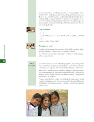 Todos pueden aprender 
36 
Durante esta tarea sucede que los niños y las niñas piden al do-cente 
que les lea lo que escribieron, o le preguntan qué quiere 
decir lo que resultó escrito a partir del completamiento. El do-cente 
cumple el importante rol de lector de esas escrituras ex-ploratorias 
del sistema y aporta el significado de palabras que los 
alumnos y las alumnas escriben pero de las cuales suelen desco-nocer 
el significado. 
En el cuaderno 
_ A _ A 
(PARA, PAPA, PAPÁ, PALA, PASA, CANA, GANA, PARRA) 
L _ N _ 
(LONA, LANA, LUNA, LINO) 
Tarea para la casa 
Enseñarle el juego a un hermano o a algún adulto familiar. Jugar 
a cambiar la letra subrayada en esta palabra: RARA. 
El adulto busca en el diccionario para verificar si existen las pa-labras 
que pensaron. 
Se realiza la lectura a coro del texto completo. El docente puede 
leer una parte, por ejemplo: Cucú, cucú... y los niños y las niñas 
completan con la parte del verso que falta. Se canta la canción. 
A los niños y las niñas se les sugiere la relectura diaria de las pa-labras 
que van anotando en su libretita-diccionario a medida que 
leen los textos. Luego en clase, se releen para ver cuántas han 
aprendido y se repasan. 
Finalmente el docente propone un dictado de palabras sin ayuda 
y una revisión posterior. En el momento del dictado el docente 
les facilitará tiempo para pensar y escribir y repetirá las palabras 
varias veces. 
TAREAS 
DE CIERRE 
 